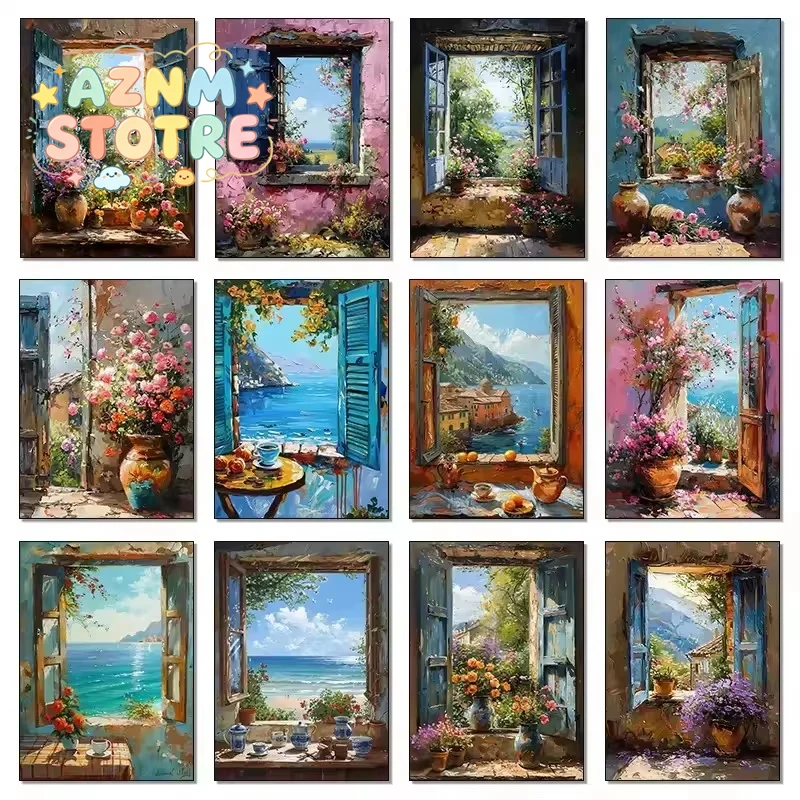 Abstract Colorful Graffiti Town Landscape Canvas Painting Modern Art Window Sea View Aesthetic Posters Prints Living Room Dec