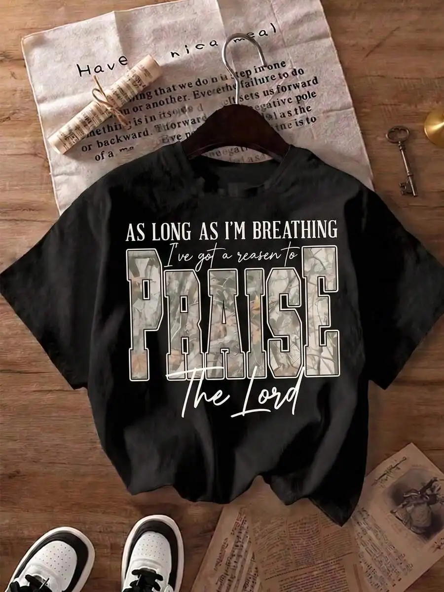 Women Crewneck Short Sleeve T Shirt Praise The Lord Christian Western Retro Jesus Camouflage Faith Fall Graphic Print Casual 1 Piece Trendy Top