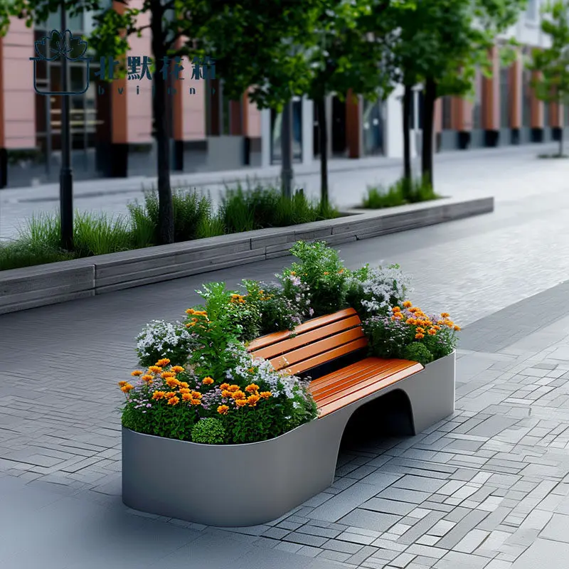 

Nordic High-End Outdoor Commercial Street Rest Bench Modern Creative Planter Box Iron art Flower Box Chair Garden Furniture FYSS