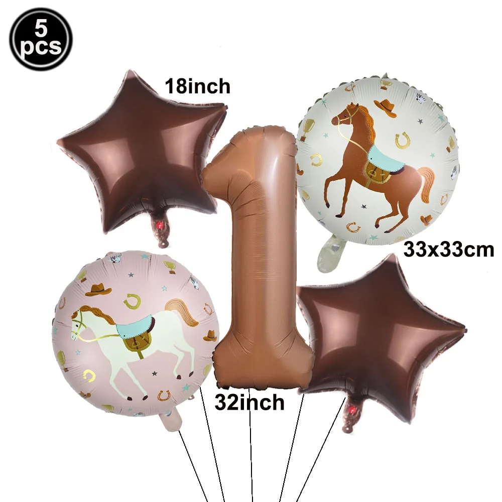 5-teiliges Set Folienballon 18 Zoll Pferde-Folienballon 32 Zoll Geburtstags-Digitalballon Western Cowboy Geburtstag Babyparty Dekorationen – Detail 2