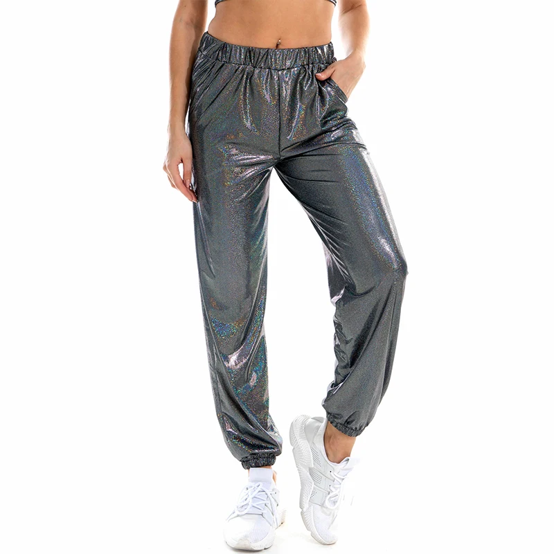 Pantalones de correr metalizados de cintura alta para mujer, pantalones reflectantes brillantes holográficos, pantalones sueltos de baile Hip Hop, ropa de calle