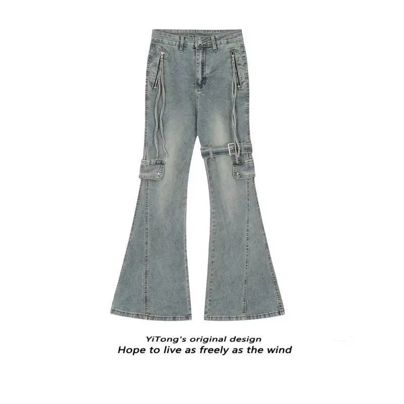 

Retro American Bell Bot Jeans Women's Slim Fit Cotton Workwear Straight Leg Pants Tie Dye Splicing Design Spring Autumn