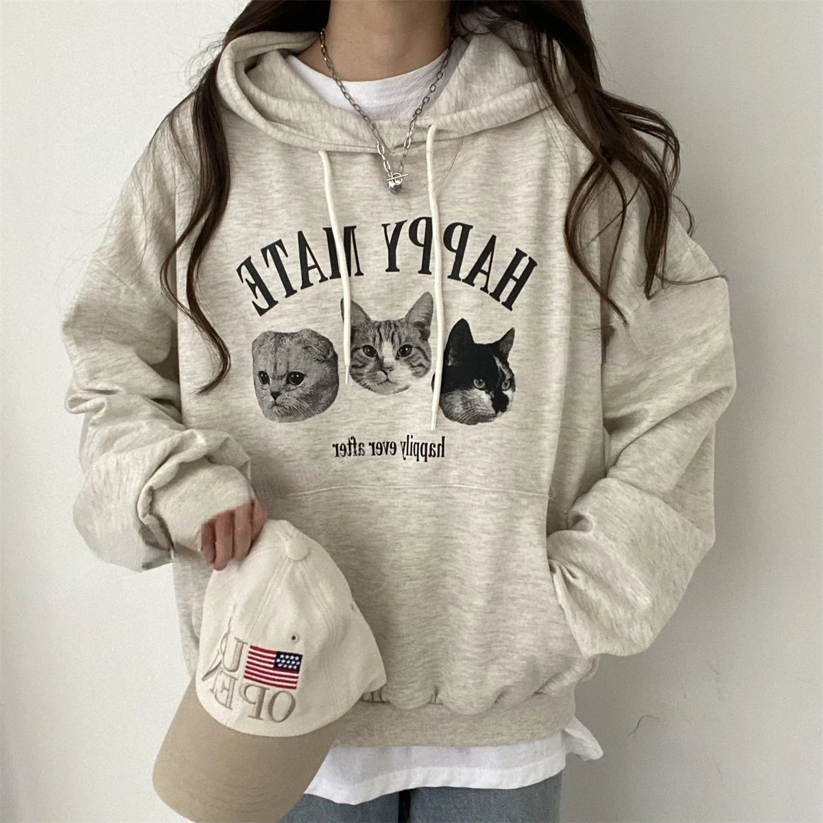 Hoodies Women Loose Printed Vintage Personality Chic American Style Streetwear Unisex Young Simple College Fashion Harajuku Y2k