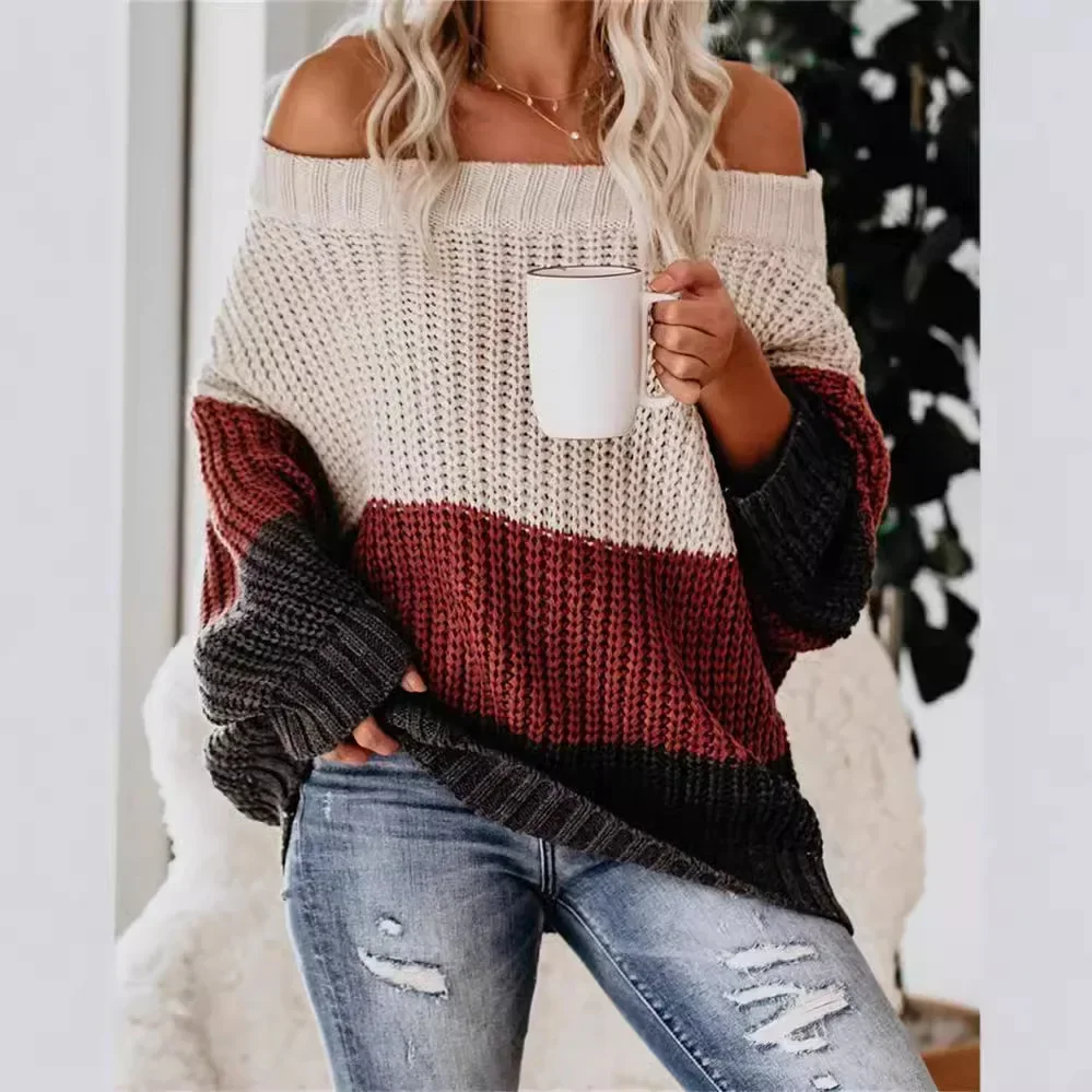 

Women's Autumn Winter Loose Long Sleeve round Neck Color Block Knitwear Top Female Fashion Sexy Hollow out Knitted Sweater