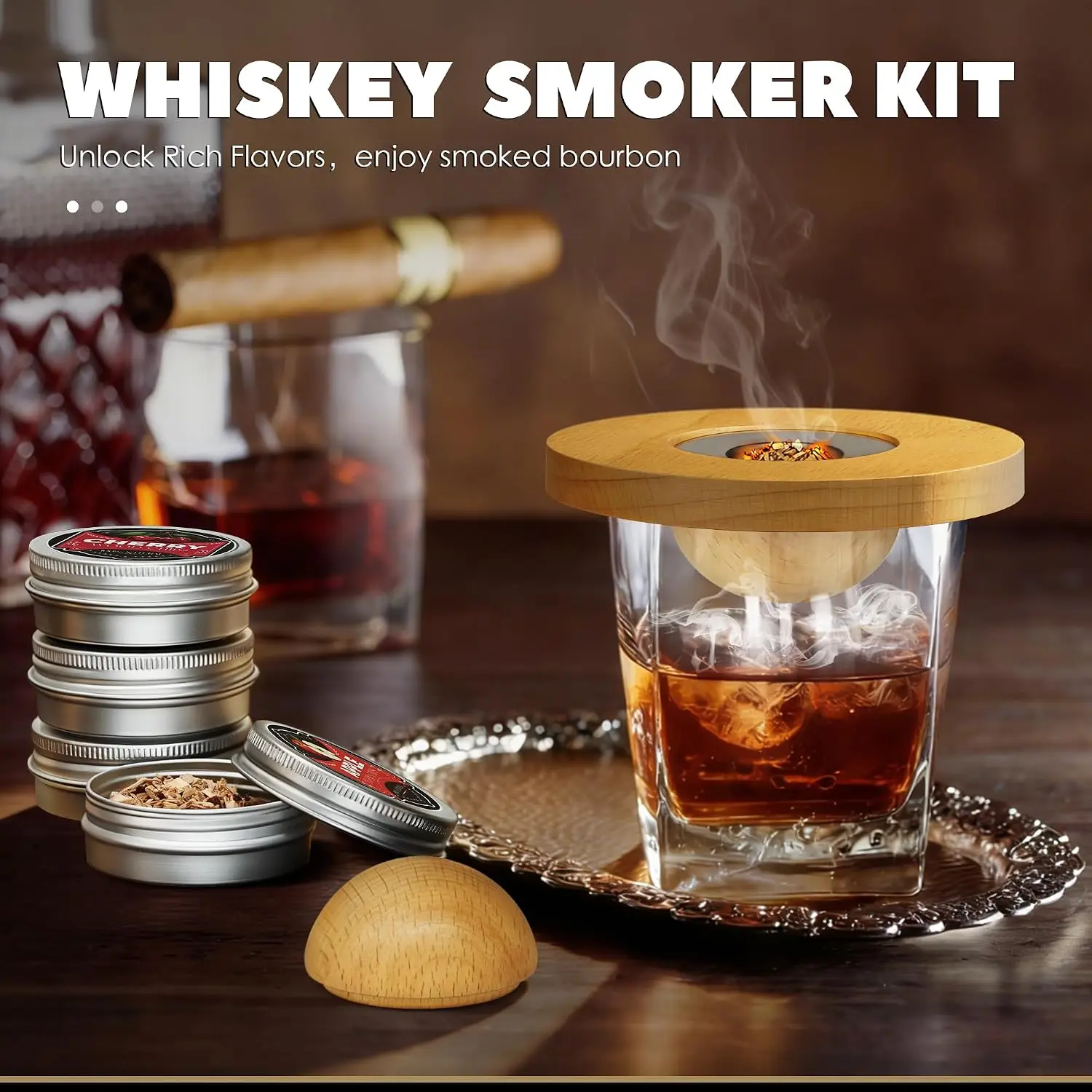 Whiskey Smoker Set with 2 Stainless Steel Mesh Filter Cups, 4 Flavor Wood Chip Cocktail Whisky Smoker Kit, Whisky Gifts for Men