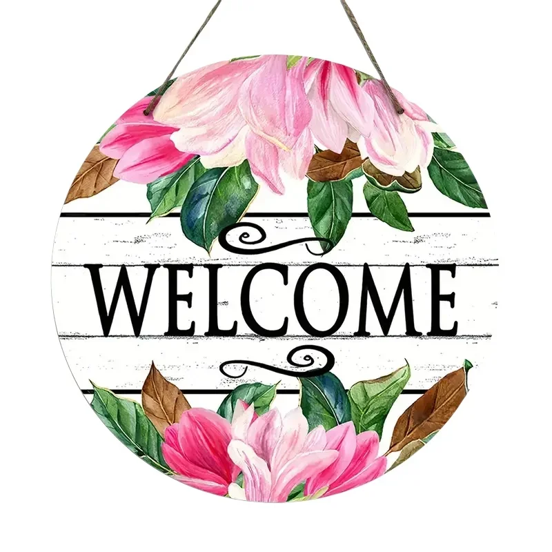 Pink Magnolia Welcome Round Acrylic Hanging Sign Farmhouse Front Door Decor,Round Acrylic Welcome Plaque Watercolor Magnolia Flower Garden Hanging Decor