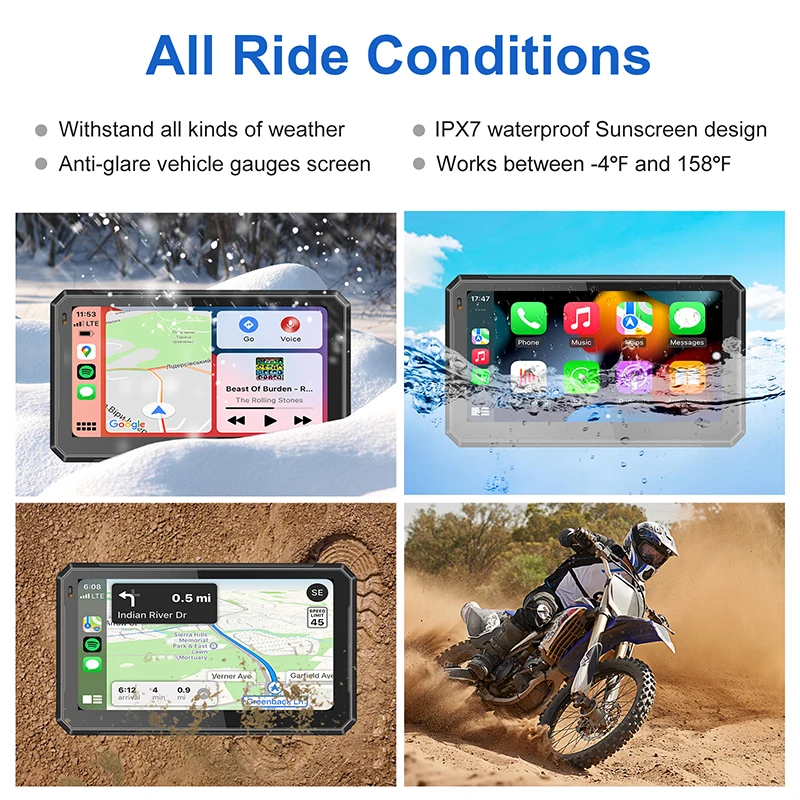 Portable 7 Inch Motorcycle Navigation GPS Wireless Apple Carplay Android Auto IPX7Waterproof Motorcycle BT Touch Screen Display