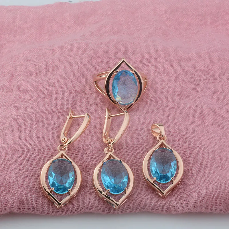 FJ Women 585 Rose Gold Color Blue Cubic Zircon Pendant Earrings Rings Set Jewelry