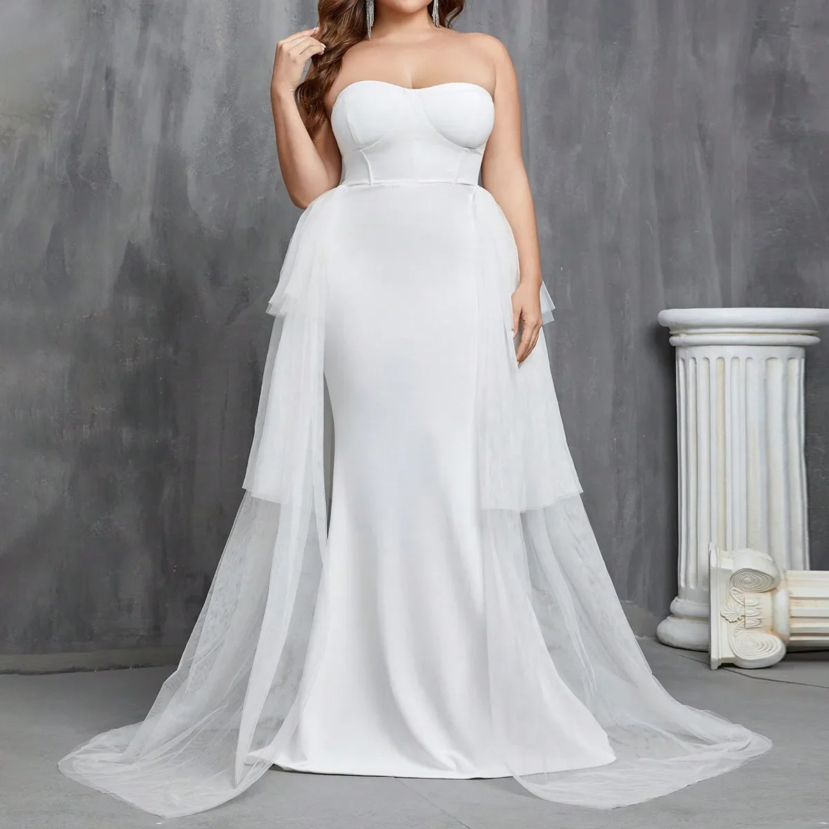 Plus Mesh Overlay Mermaid Hem Tube Wedding - Фотография_5