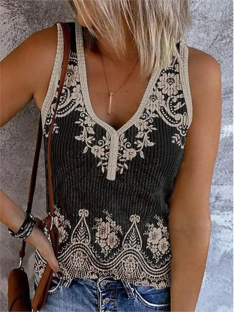 Floral Print V Neck Button Tank Tops Summer Sleeveless Camisole Casual Ribbed Vest Fashion Ladies Tops Camis Tanks Streetwear