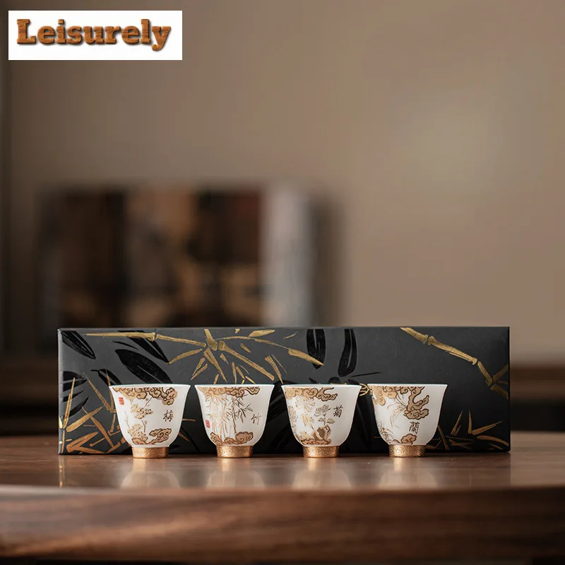

4pc Gilded Ice Jade Porcelain Four Gentlemen Teacup Japanese Tea Bowl Tea-tasting Meditation Cup Chazhan Master Cups Tea Items