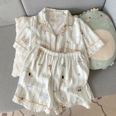 2Summer short-sleeve cloud cotton pajama set for women, comfortable and trendy, shorts that can be worn outside, home wear set
