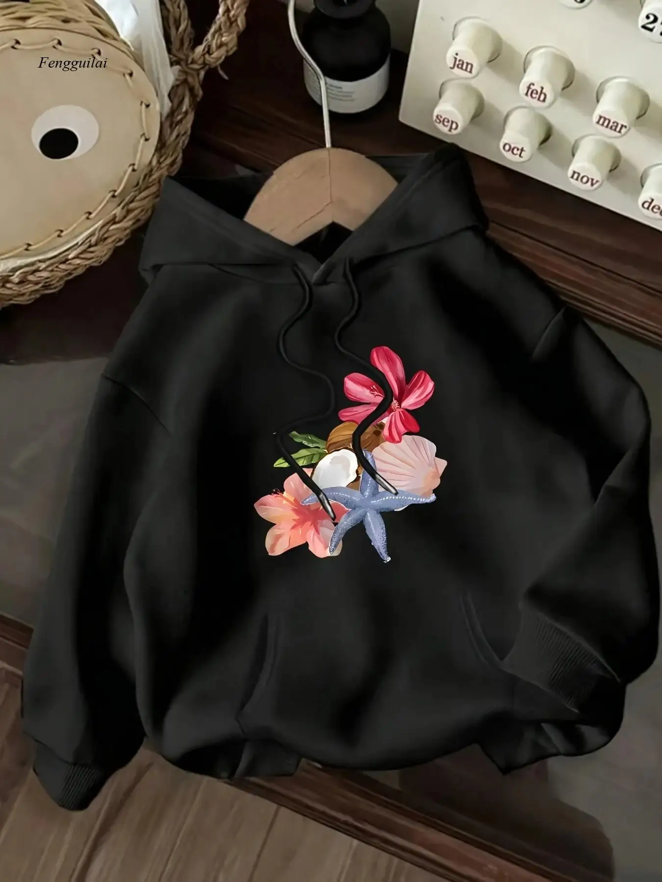 Hoodie - Soft Pullover Sweatshirt with Kangaroo Pocket & Drawstring Hood, Pastel Floral & Seashell Graphic