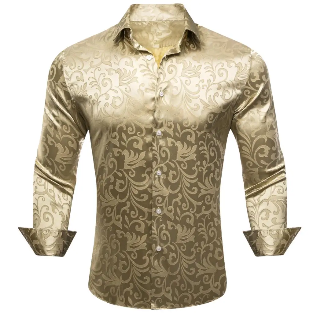 

Luxury Shirts for Men Silk Brown Khaki Floral Long Sleeve Slim Fit Male Blouese Casual Tops Formal Breathable Barry Wang