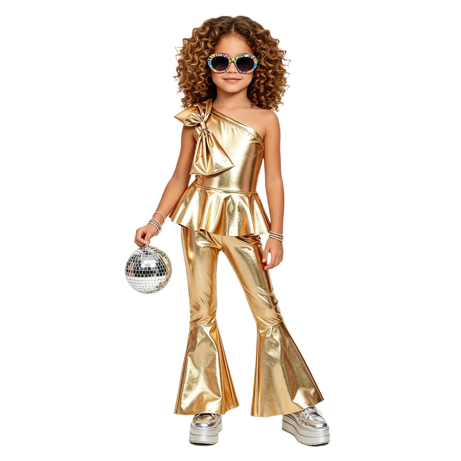 Children's Flares Jumpsuit Girls Shiny Metallic 80s 70s Disco Costume Sparkly Romper Kids Streetwear Bell Bottom Hippie Clubwear
