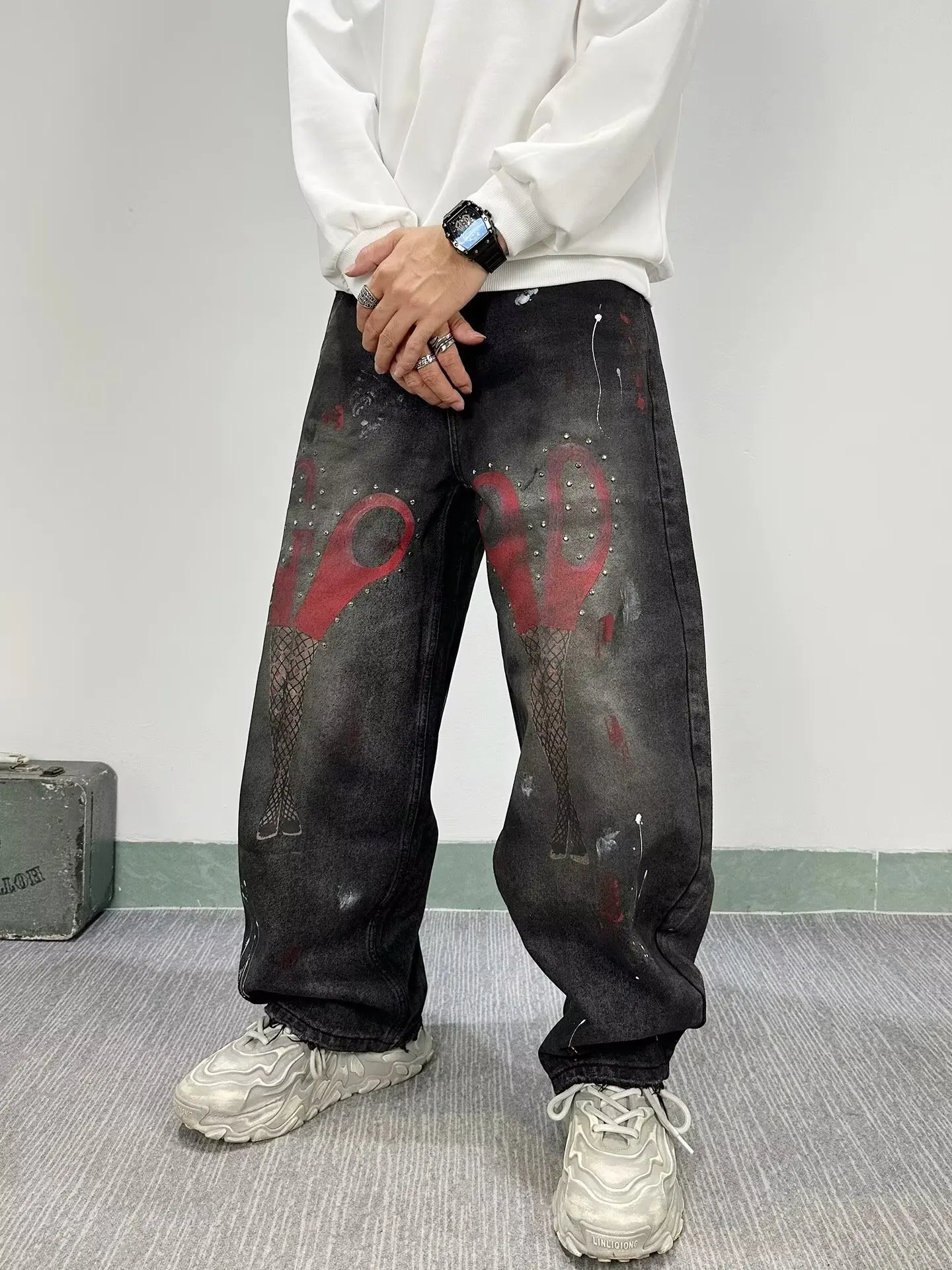 American High Street Style 3D Digital Print Straight Leg Jeans Unisex Loose Street Casual Wide Leg Long Trousers