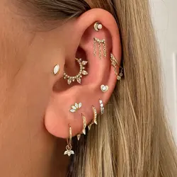 1PC Tragus Daith Helix Piercing Ear Crown Drop Earring Rivet Ear Ring Heart Zircon Moon Opal Stud Earring Tassels Chain Jewelry