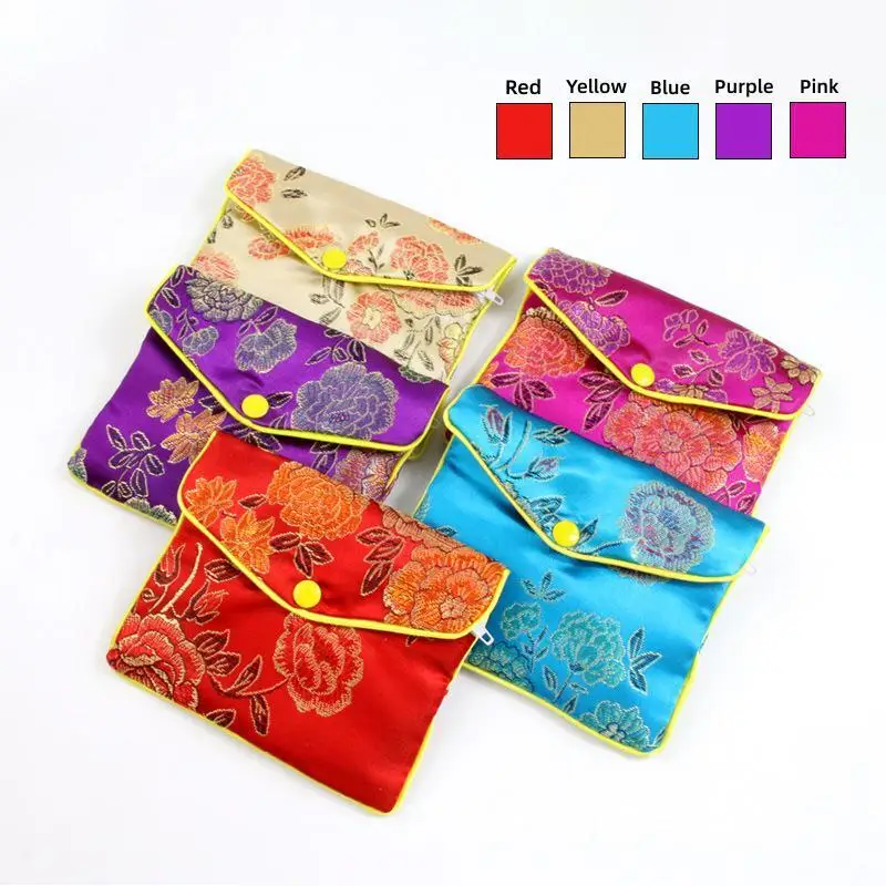 1-3 Pcs Rectangle Flower Pattern Brocade Zipper Jewelry Bag Gift Fine Packaging Bag Jewelry Bracelet Cloth Bag Packaging Display