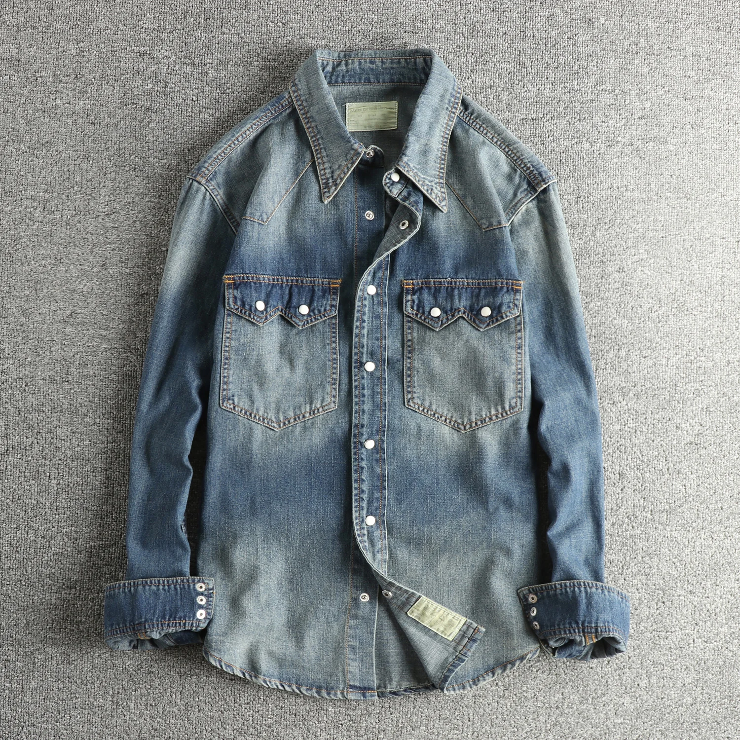 

Retro Style Men's Denim Shirt Long Sleeve Washed Casual Cotton Wear Resistant Vintage Fashion Bamboo Texture Leisure Collar