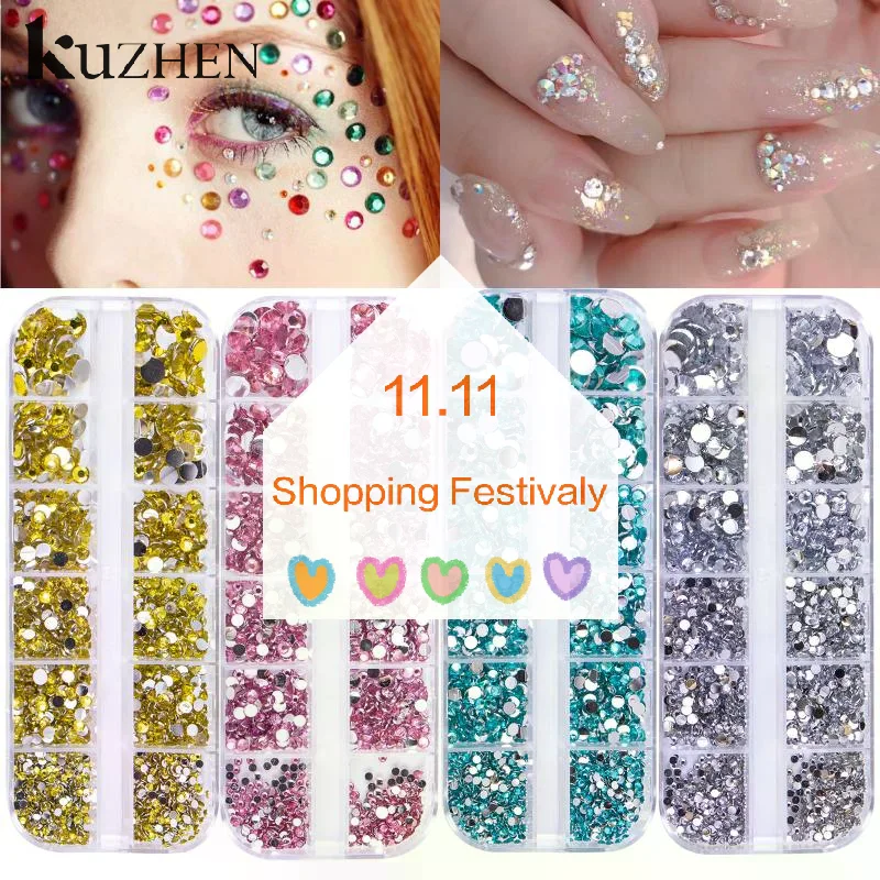 Boîte de 12 grilles pour Nail Art, mélange de perles en strass, cristal AB, bijoux à dos plat, gemmes avec organisateur de rangement pour Nail Art multicolore