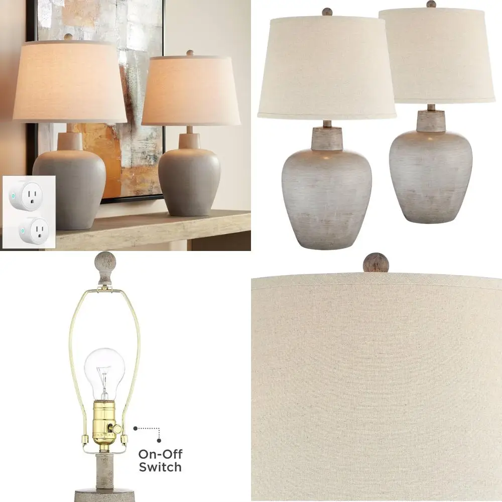 مقابس WiFi الذكية لغرفة المعيشة، مجموعة مصابيح طاولة طويلة مكونة من قطعتين على طراز كوخ طبيعي مع لهجات Terra Cotta الرمادية، Sou