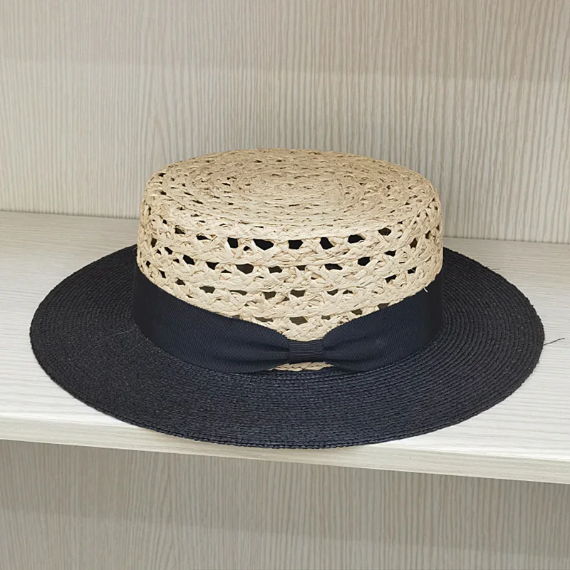 TOMKHU-Chapeau de paille à bords larges pour femme, haut plat, Lafite, nouveau, printemps, été, accessoires de ruban, chapeau de soleil creux,