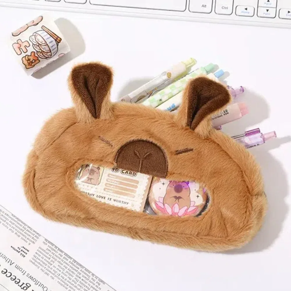 Large Capacity Capybara Pencil Case PVC Plush Pouch Cute Bear Pen Bag Transparent Rabbit Furry Stationery Storage Bag Office