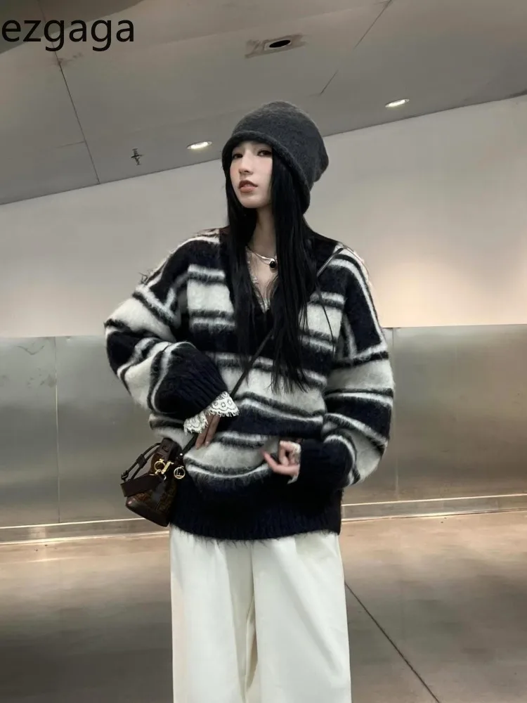 Ezgaga Knitted Sweater Women Striped V Neck 2024 Autumn Winter New Fashion Loose Stretch Pullover Female Jumper Casual