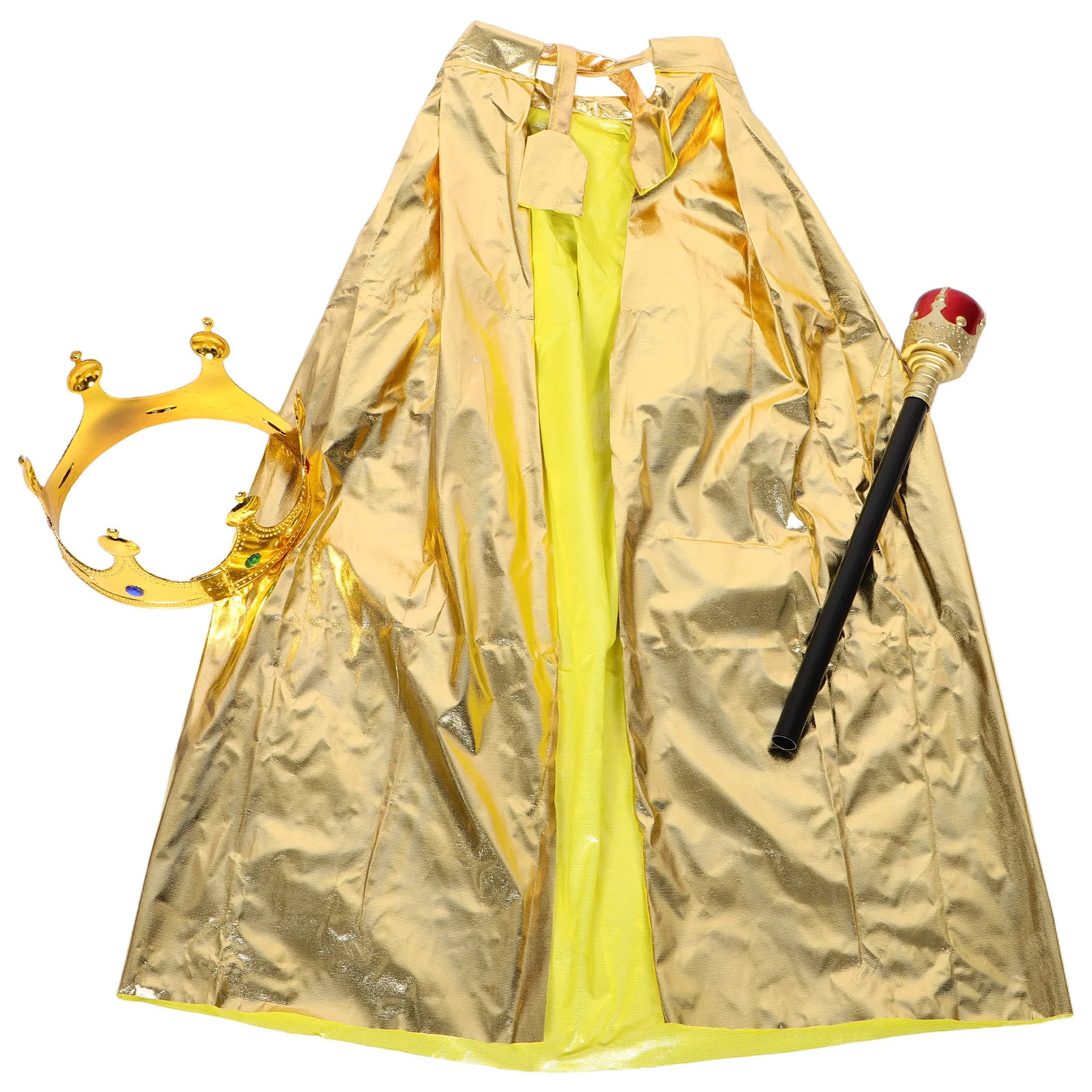 

3Pcs Golden Cloak Crown Cane Set Halloween Prince Costume Kit for Cosplay Party Stage Performance Year Round Use