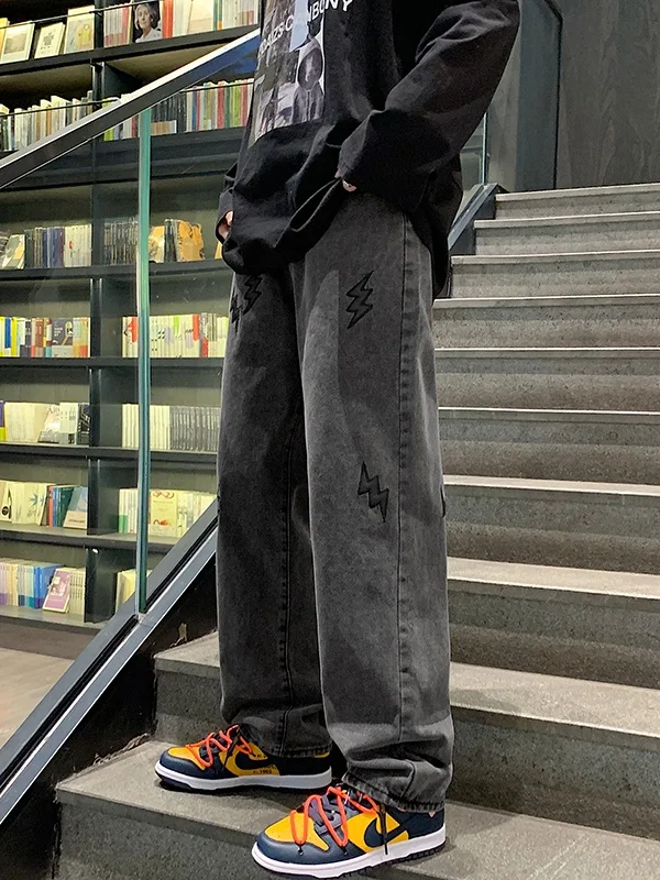 

Мужские джинсы прямого кроя с вышивкой, свободные, в стиле High Street, осенние, повседневные, молодежный тренд