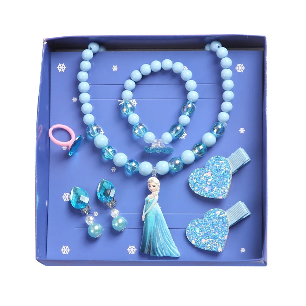 7pcs/set Lovely Frozen Elsa Anna Necklace Bracelet Ring Figure Toys Cute Disney Princess Frozen Accessories Toy Kids Girls Gifts