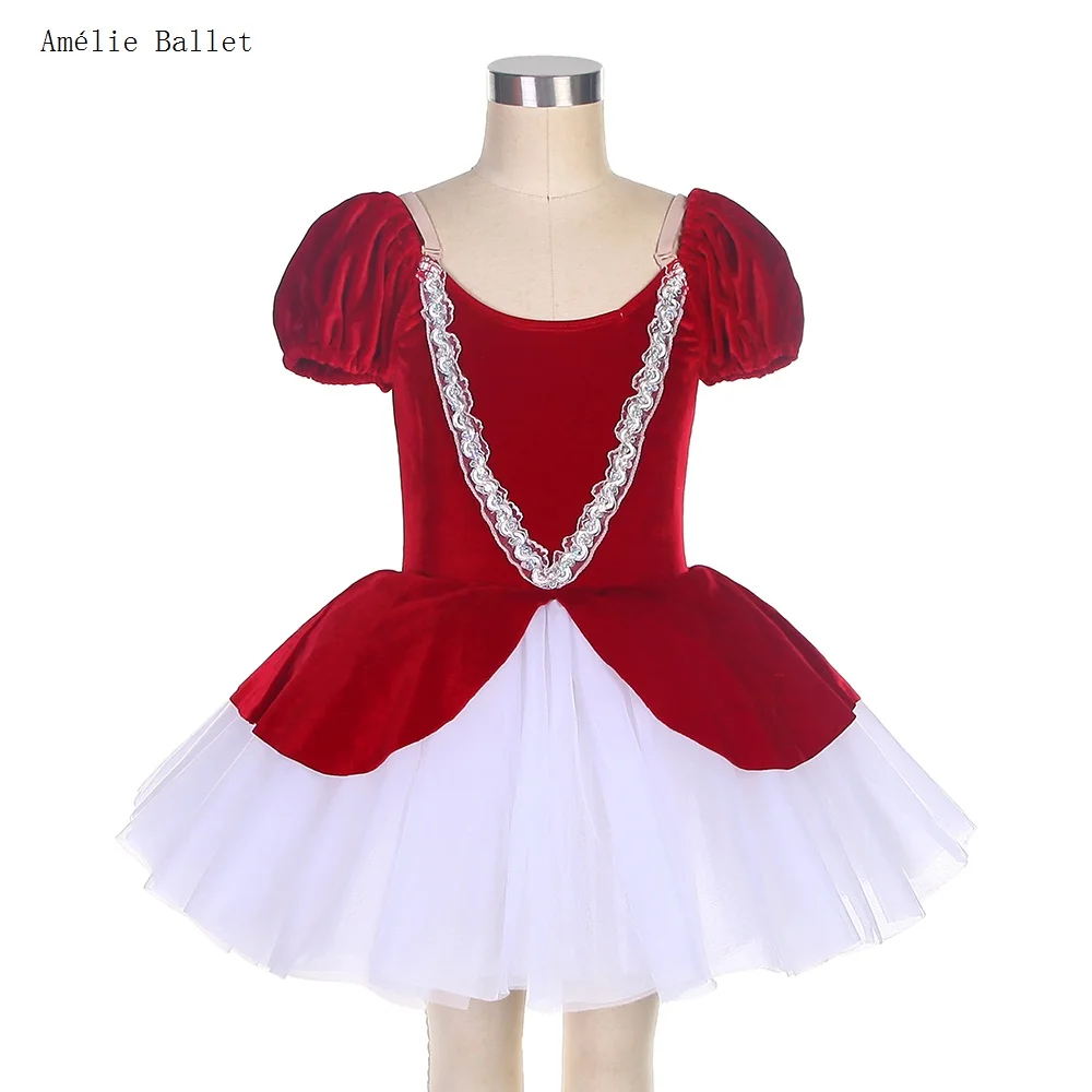 

22001 Puff Sleeves Ballet Dance Tutu Costume Red Velvet Bodice with Soft Tulle Tutu Skirt for Girls & Women Ballerina Dress