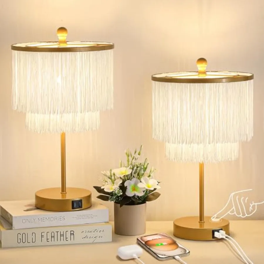 

Набор прикроватных ламп (2 шт.) с 3-ступенчатой регулировкой яркости, сенсорным управлением и USB-портом для зарядки, в стиле бохо, с абажуром с кисточками, для спальни и гостиной