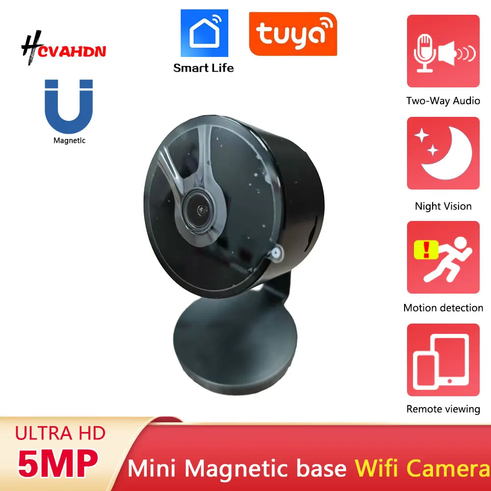 

5MP Tuya Smartlife Home Black Magnetic Mount Round Shape Small Size IP Video Invisible Home Security Baby Monitor Mini IP Camera