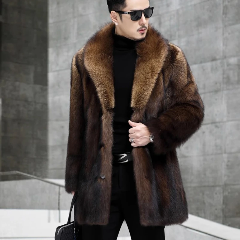 Brand Winter Warm Faux Fur Jacket Men Thick Plus Size Long Sleeve Jacket Vintage Snowsuit Faux Mink Fur Coat Mid-length Coats