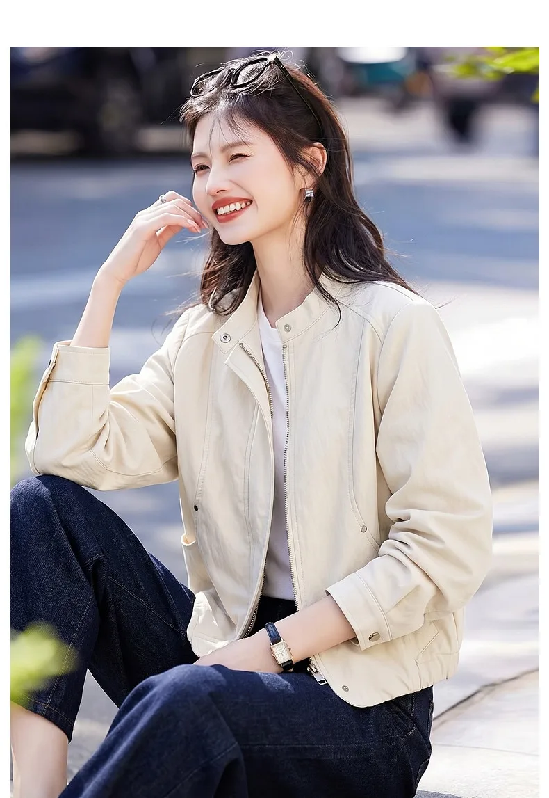 VIMLY Women's Leather Short Jacket 2026 Autumn Round Neck Fashion Coats Elegant Casual Loose-fit Female Windproof Outwears 31533