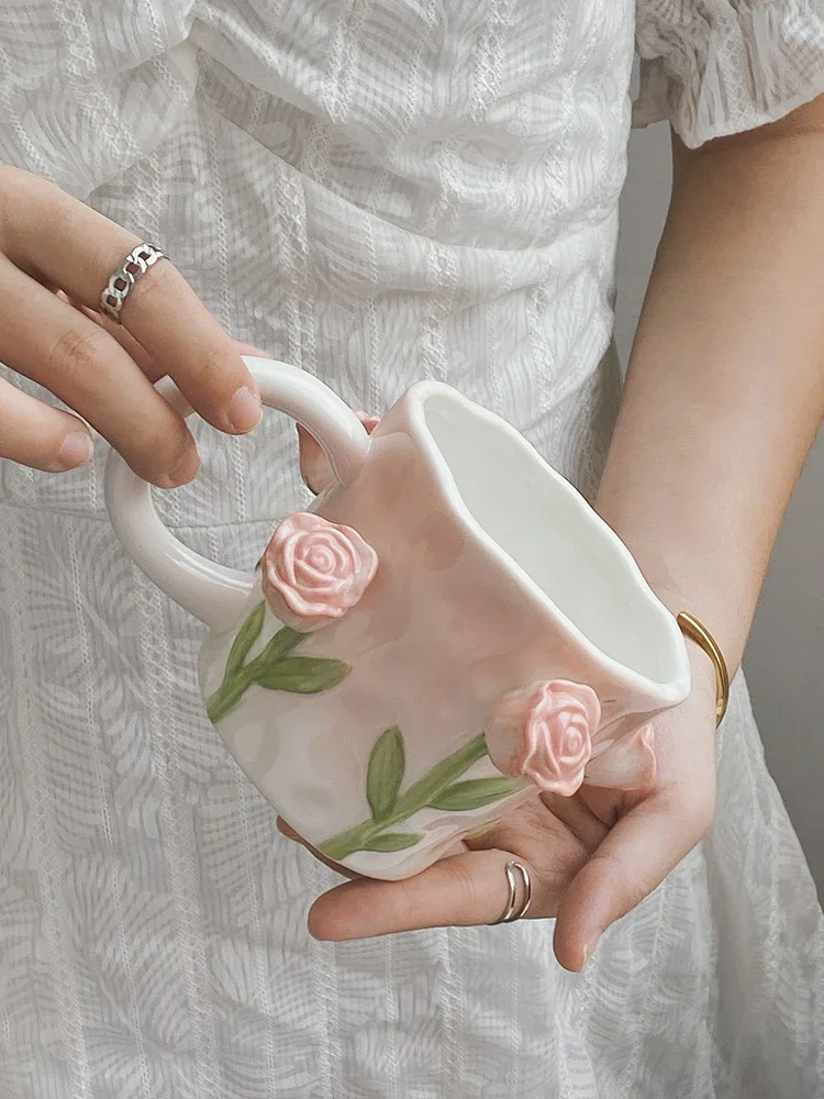 Girl's Heart Hand-painted Tulip Rose Three-dimensional Flower Mug High-end Souvenir Ceramic Water Cup