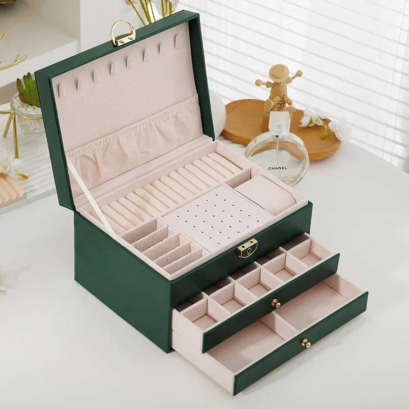 Multi Functional Three Layer Leather Drawer Necklace Earrings Bracelets Large Jewelry Storage Box Organizer Packaging Display