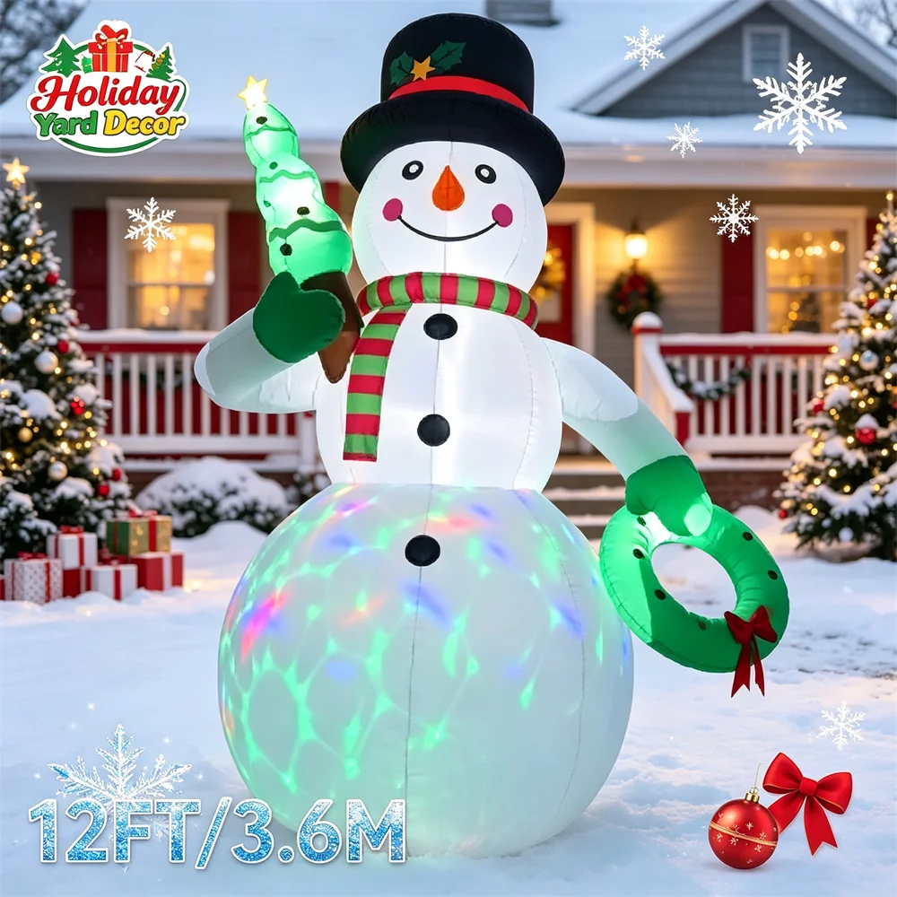 Christmas Inflatable Model Snowman 12FT Huge Blow Up Xmas Character with LED Light Outdoor Holiday Yard Decorations Winter Decor