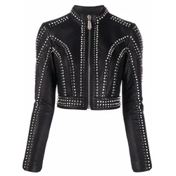 Short Length Genuine Leather Jacket New Fashion Women Coat Spring O-Neck Collar Clothes Diamonds Heavy Adornment + YH676