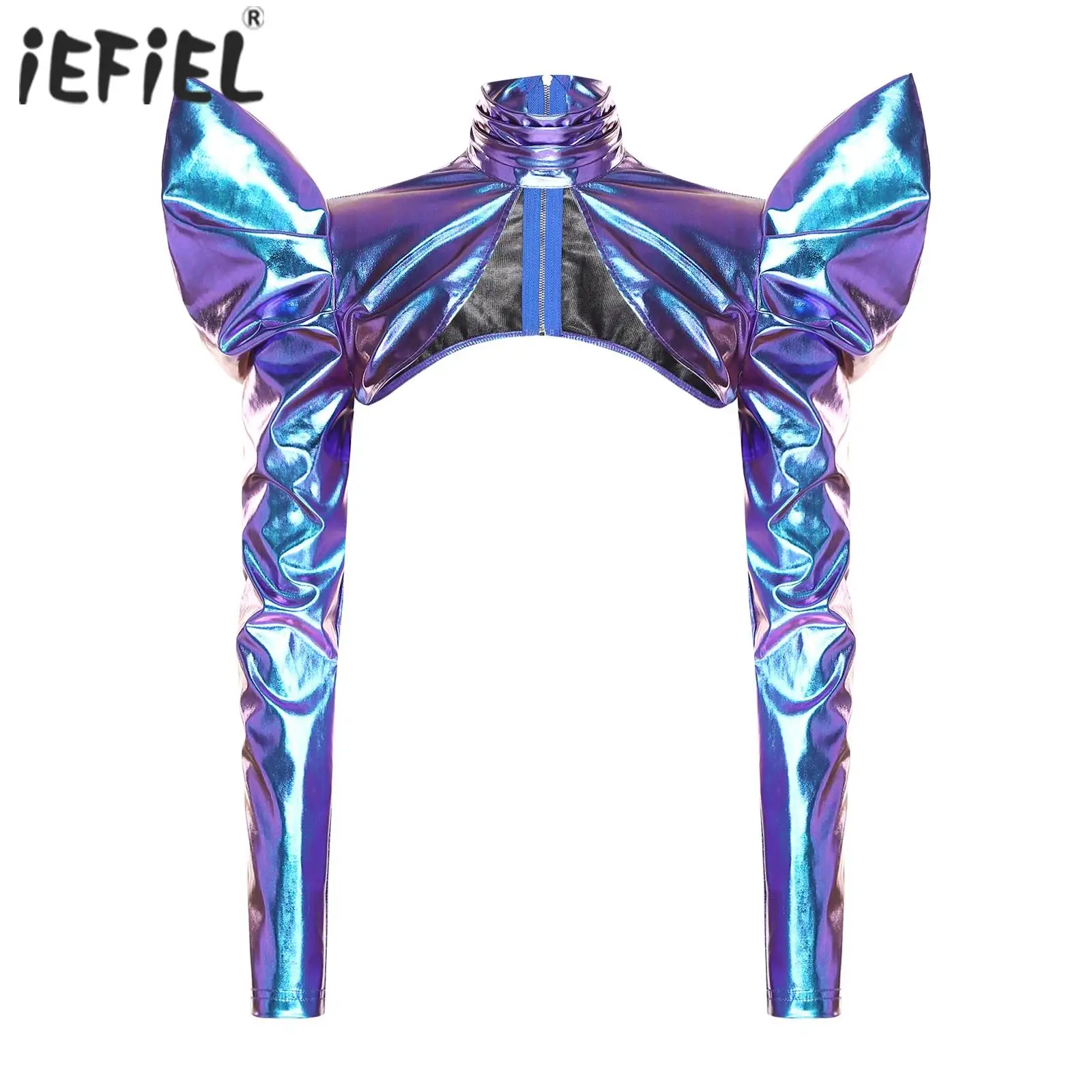 

Womens Metallic Shoulder Shawls Astronaut Carnival Cosplay Dress Up Costume Long Sleeve Turtleneck Zipper Bolero Cardigan Tops