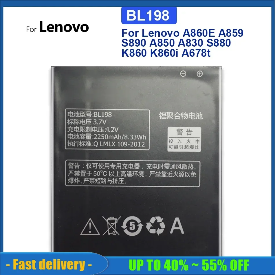 Rechargeable Portable Battery BL198 For Lenovo A860E A859 S890 A850 A830 S880 K860 K860i A678t 2250mAh Mobile Phone Batteries