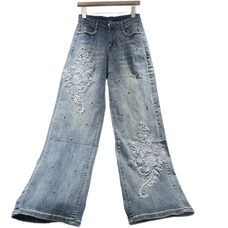 2026 New Autumn All-match High Waist Women Straight Jeans Embroidery Diamonds Beads Vintage Light Blue Wide Leg Denim Pants
