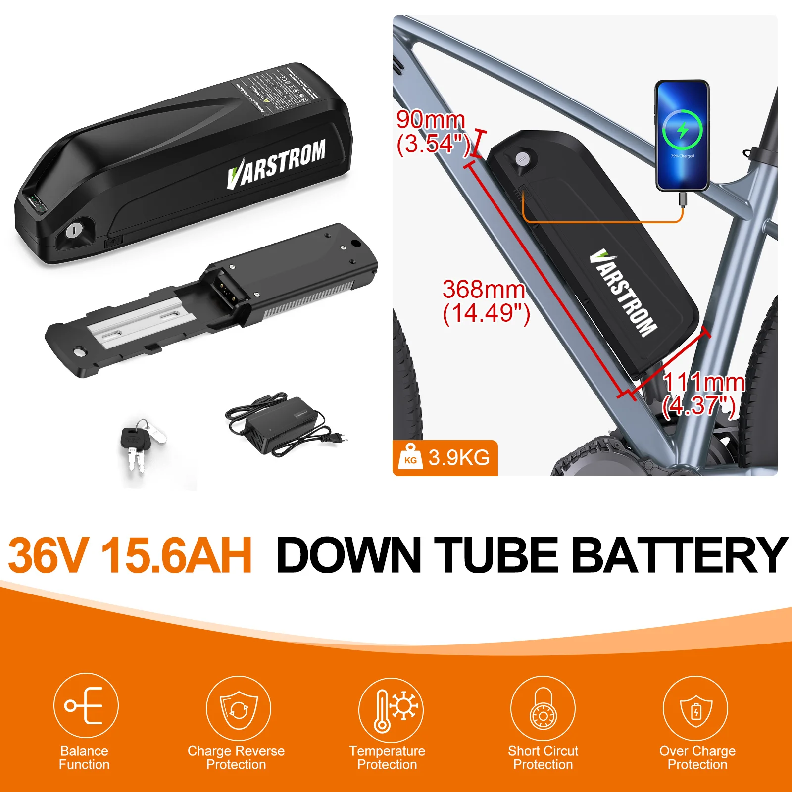 Varstrom Lithium E-Bike Batterij 36V 48V 52V 13Ah 17.5Ah 19.2Ah 20Ah DownTube/bagagerek Batterij voor BAFANG Motor 250W-1500W