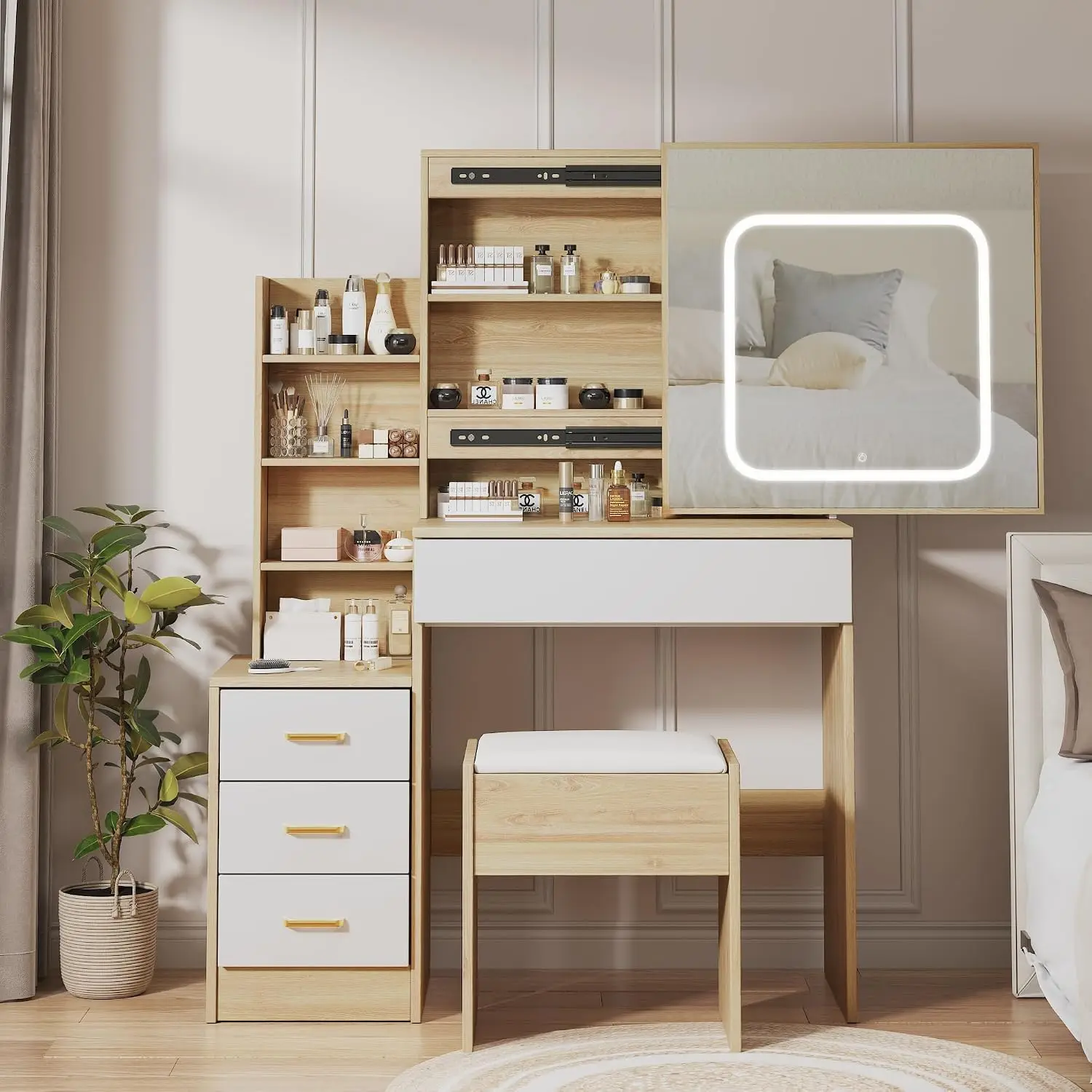 Vanity Desk with Mirror and LED Lights, Makeup Vanity Desk with Sliding Lighted Mirror, Power Outlet, Dressing Table with 4 Draw