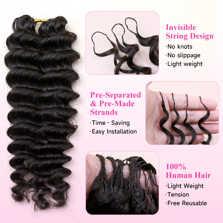 Natural Deep Wave Feather Crochet 100% Human Hair Invisible Miracle Knots Hair Feathered Crochet Human Hair Pre Looped 4 27 Highlight Colored Boho Braids Malaysian Hair Weave Bundles Pre Braided Remy Deep Curly Human Hair Extensions - view 2