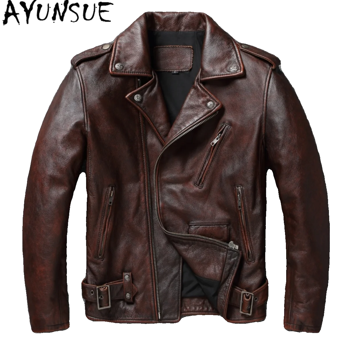 

AYUNSUE Fashion Short Motorcycle Jacket Cowhide Genuine Leather Coats Autumn Mens Clothing Retro Slim Fit Chaquetas Para Hombre