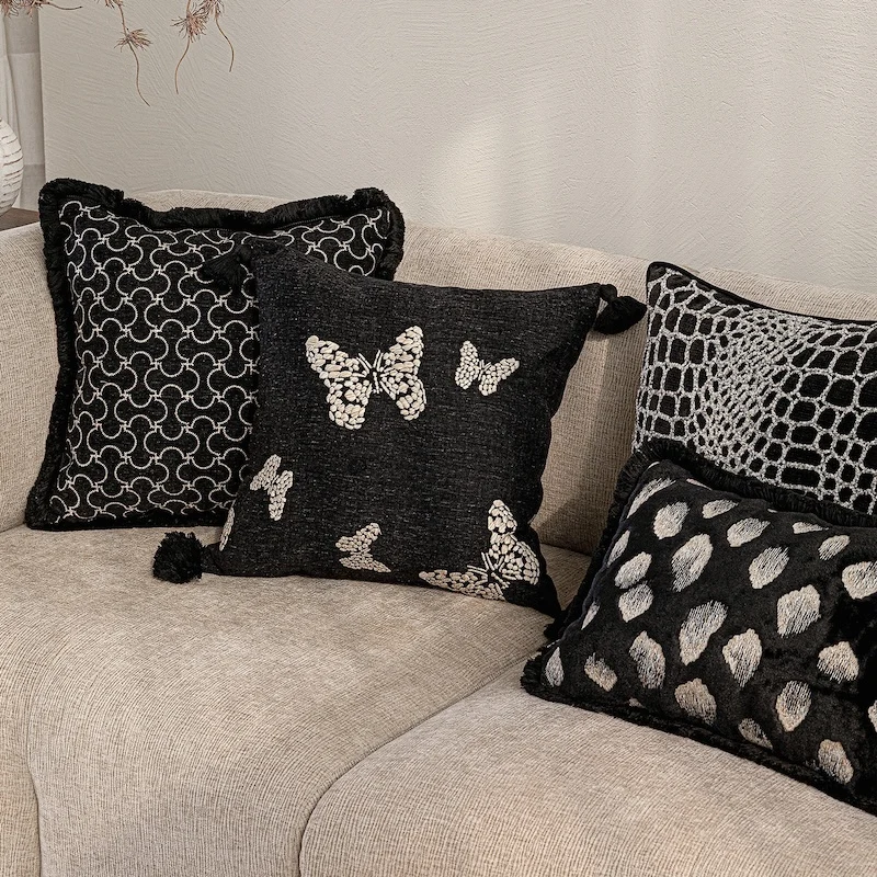 Boho Black & White Embroidered Pillow Cover Set | Luxury Textured Cushion Cases with Butterfly/Geometric Pattern | Modern Decor