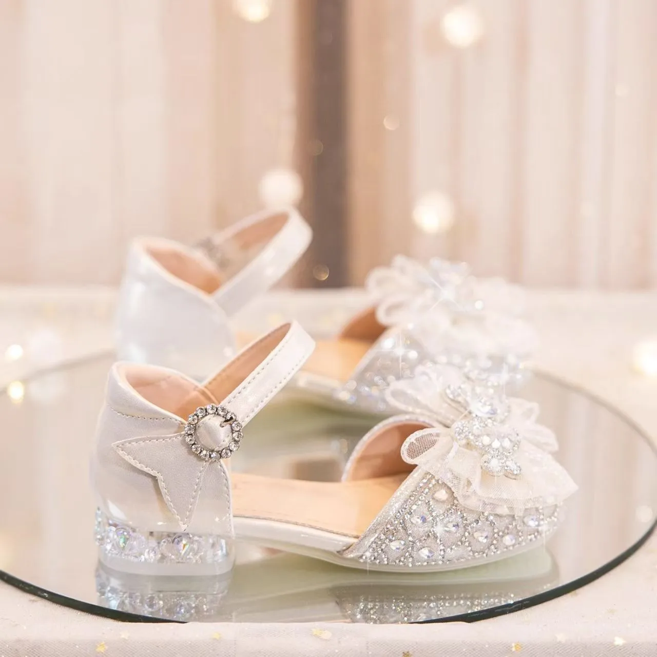 Kids'Casual Shoes Sandals Bow Crystal Princess PU Leather Summer Rhinestone Shoes For Girls Beige Silver Shoes Size 26-36