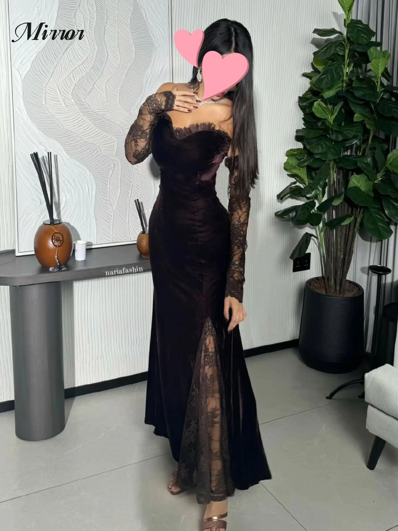 

Mirror Dress Elegant Vintage Sexy Velvet Brown Lace Mermaid Sleeves Customized Formal Occasion Prom Dress Evening Party Gowns